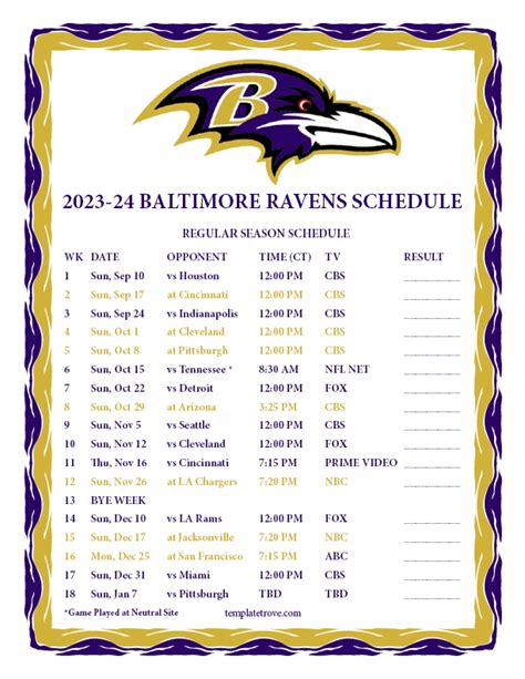 baltimore ravens schedule 2023 to 2024